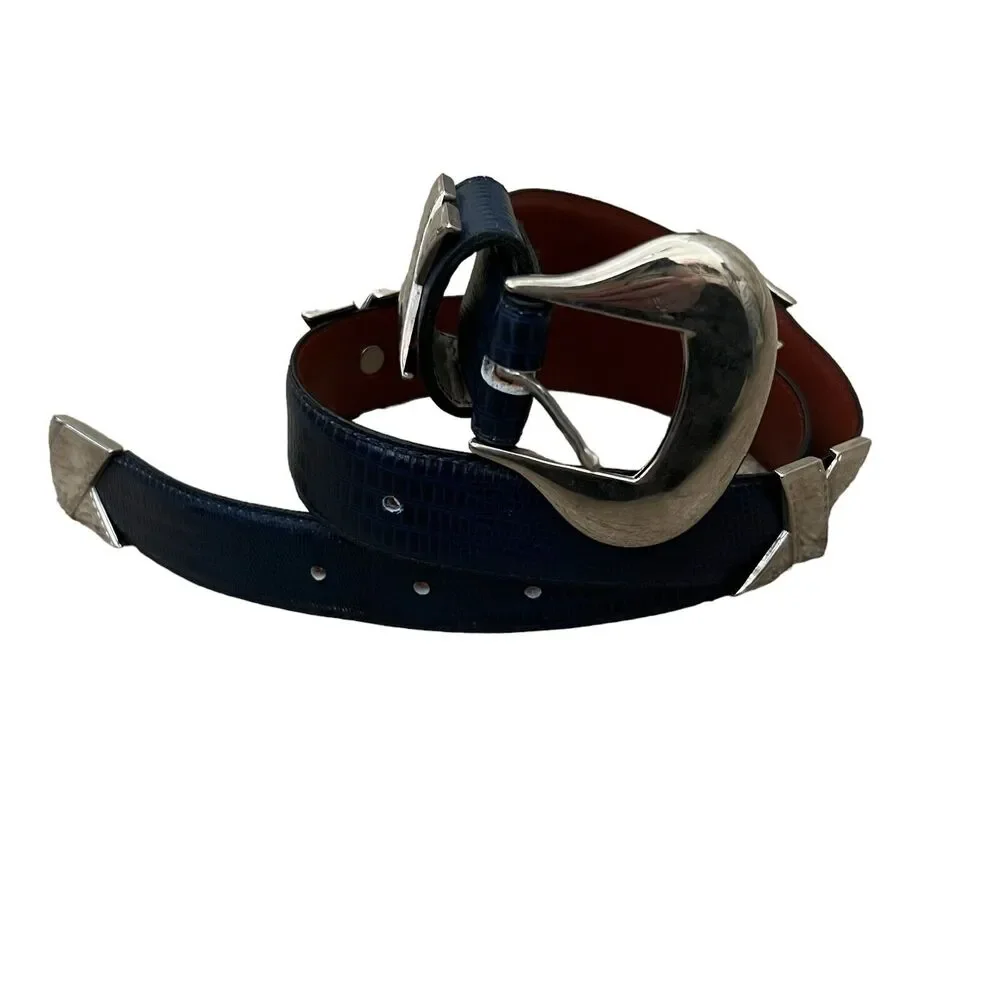 Cipriani Women's Blue Leather Thin Belt with Silver Hardware Detail - Size Small